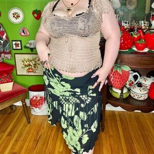 Vintage Grunge Fairycore Black & Green Floral Sequenced Tassel Fringe Midi Skirt